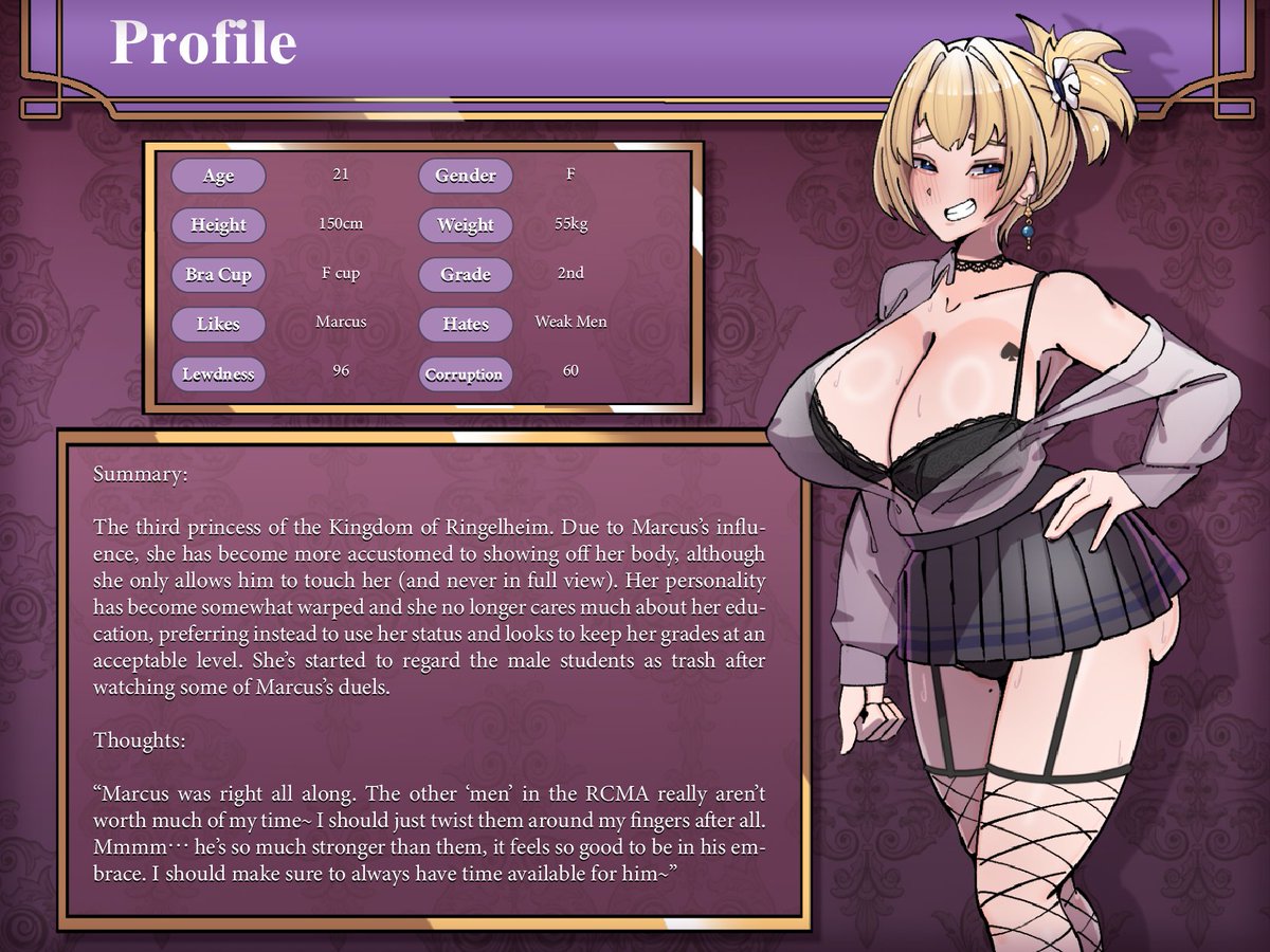 Level 3!

She looks a lot different from how she started, doesn't she? The serious, upright princess showing off her skin like a common slut is such a good gap, I always love stuff like that.

And she even has a spade on her breast, I wonder what that's supposed to mean.