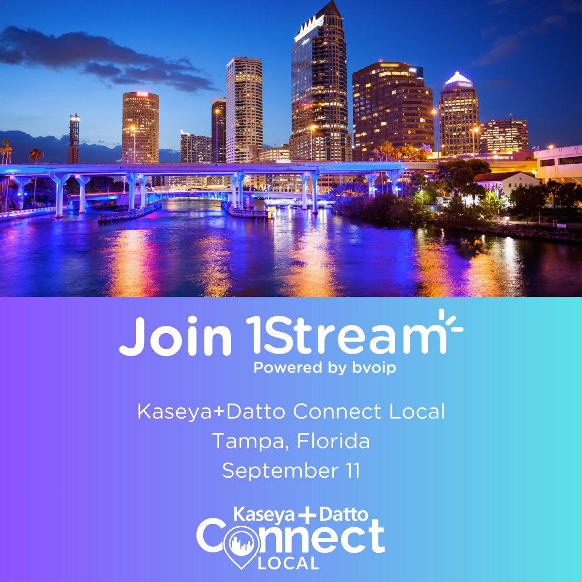 1Streamx's tweet photo. One more week until we're at it again with Kaseya Datto Connect Local, and this time we'll be in Tampa, FL on Sep 11th ☀️😎

Ryan Denning will be in the sunshine state to educate attendees on 1Stream's seven AI-agents, our 200+ integrations, our security solution, and MORE! https://t.co/JoeaE7RQvn