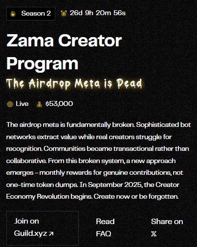 0xMoei's tweet photo. Simple Guide on @zama_fhe Creator Program👇 

I earned $1500 for being ranked #3 on S1 leaderboard. S2 is now live.

Details of Season 2 Creator Program:

→ Eligibility and Scoring factors
- Quality followers: Verified, active human followers, not bots
- Reach: impressions (views) of posts
- Meaningful interactions: Likes, reposts, quote
- Engagement quality: Healthy engagement rates
- Consistency: Frequent posting, boosting score up to 40%.

→ Monthly Rewards
- Top 100: $50,000 reward pool + Zama OG NFT
- Top 101-250: Zama OG NFT
- 6 best content gets 6% of monthly reward pool. 3 for X, and 3 for Farcaster
- Zama OG NFT is an access to the upcoming Zama alpha

→ Payouts
- Stablecoins or $ZAMA
- First claim at TGE, and then at the end of each month.

→ Links
- Community Program Leaderboard: https://t.co/73dSEUrjkQ
- Guild: https://t.co/EcCLrCBgqG!
- No need to register to get started and share about Zama, team will ask creators to register on Guild when the claim period comes.

→ More official details on Creator program: https://t.co/sQbvlvgTRj