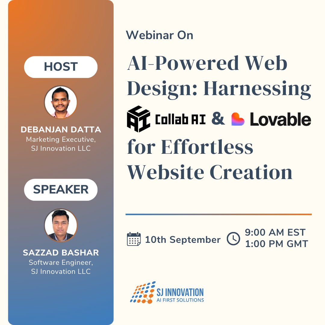 sjinnovation's tweet image. Join us on Sept 10th for a game-changing webinar with Sazzad Bashar &amp;amp; Debanjan Datta. Discover how CollabAI &amp;amp; Lovable make professional website creation a breeze.   

👉 Register now:  shorturl.at/qMrob

#AIWebDesign #Innovation #BusinessGrowth #CollabAI #Lovable