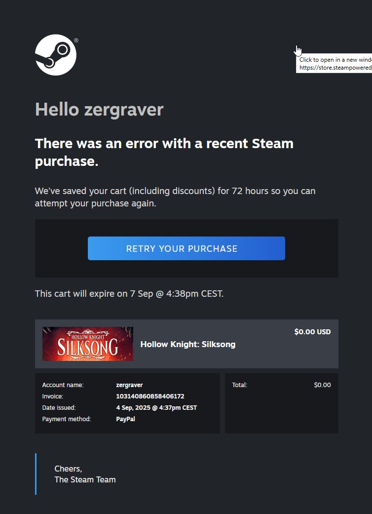 Karel Crombecq (@karelcrombecq) on Twitter photo Steam is completely shutting down over the #silksong release. I just got this... interesting email. Steam is completely shutting down over the #silksong release. I just got this... interesting email.