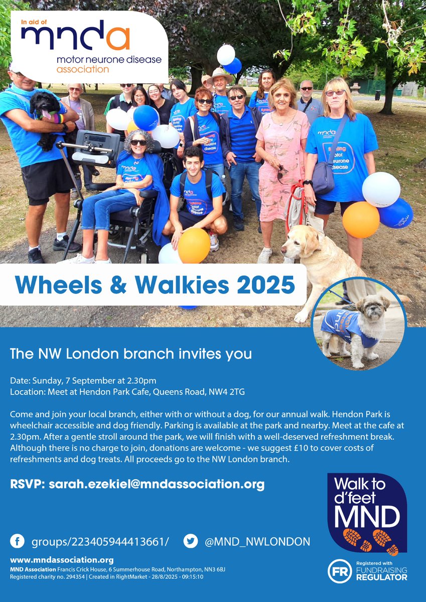 WL_MND's tweet image. 🐾💙 Wheels &amp;amp; Walkies 2025! 💙🐾

A fun, dog-friendly + wheelchair-accessible stroll in Hendon Park to support @MND_NWLONDON 

📅 Sun 7 Sept, 2:30pm
📍 Hendon Park Café, NW4 2TG

Suggested donation: £10 🐶☕
#mndassociation #WalkToDefeatMND