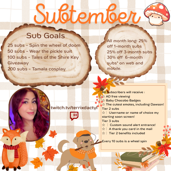 terridactylx's tweet image. Decided to do something fun for #Subtember 🍂 No pressure at all, but Twitch is running great discounts on subs all month long! The wheel of doom is fun...trust me.... #twitch #streamer #live 

🍄twitch.tv/terrixdactyl