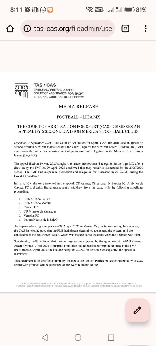 Vuelve el ascenso, pero hasta la 26/27

- El TAS rechazo la vuelta inmediata del ascenso y descenso
- Será hasta la 26/27
- Las reglas de certificación no se tocaron