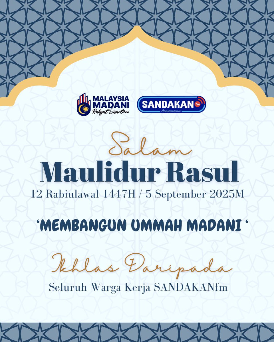 SALAM MAULIDUR RASUL 
12 RABIULAWAL 1447H
5 SEPTEMBER 2025M

kepada seluruh umat Islam dimana sahaja anda berada

‘ Membangun Ummah Madani ‘

Ikhlas Daripada :-
Seluruh Warga Kerja SANDAKANfm

#sandakanfm
#MaulidurRasul1447H