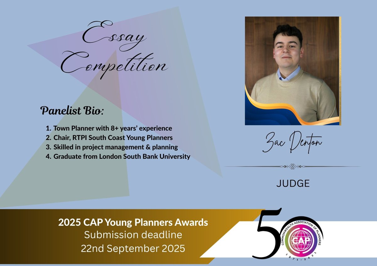Meet the Judges: ZAC DENTON We’re pleased to introduce one of our judges for this year’s CAP Young Planners Essay Competition: <a href="/ZacDenton/">Zac Denton</a> 
Submission Deadline: 22nd September 2025 lnkd.in/gvfbkdK #CAPYPN2025 #MeetTheJudge #YoungPlanners #EssayCompetition