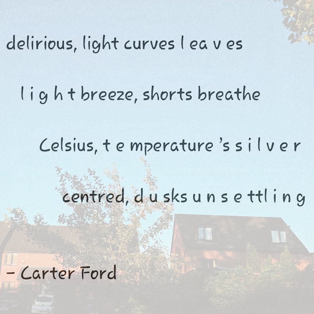 thecarterford's tweet photo. #poetry #poem #amwriting #follow #like #writer #delirium #light #breeze #sun #dusk #summer #evening #Celsius #silver #shorts #breathe #philosophy #temperature #writerslife #CarterFord #poet #poetsontwitter #spilledink #art #quote 

Summer's Evening https://t.co/qwZ0KhCaie