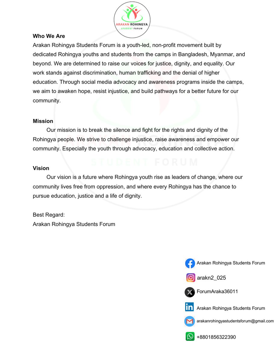 ForumAraka36011's tweet photo. 🌟 Excited to share our Vision, Mission &amp; Identity! 🌟

We, the Arakan Rohingya Students Forum (ARSF), a student-led org from the refugee camps of Cox’s Bazar 🇧🇩, are proud to present who we are &amp; what drives us.
👉 Follow us to stay connected with our journey.

#Rohingya #ARSF https://t.co/hlXWIghkcj