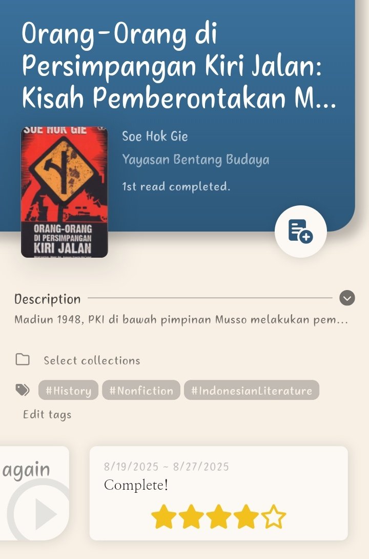 dearnasta's tweet photo. 📚 Orang-orang di Persimpangan Kiri Jalan 
🖊️ Soe Hok Gie 
📖 381
📍 iPusnas
—start :: 190825
—end   :: 270825
⭐ 4/5

#nastareads https://t.co/tPEqvdxQpO