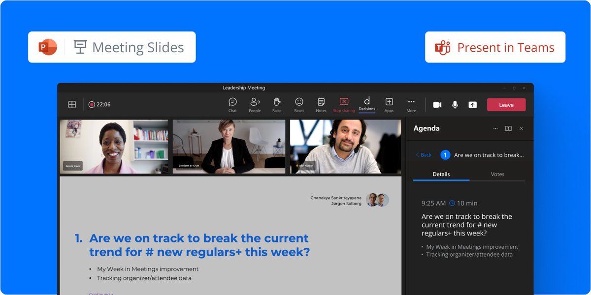 🚀 From agenda to presentation in one click.

With Decisions Meeting Slides, your agenda instantly transforms into a polished, branded PowerPoint deck — complete with:

• Cover page
• Agenda summary
• Slides for each item (attachments embedded)

#MeetingManagement #Microsoft