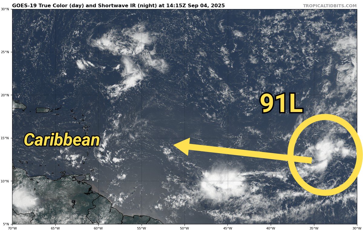 TropicalTidbits's tweet photo. A tropical wave in the eastern Atlantic has been assigned the identifier "Invest #91L" by @NHC_Atlantic and is being monitored for tropical development. Conditions favor a tropical depression forming during the next few days. The system will move gradually westward, potentially approaching the eastern Caribbean next week. However, it is too early to know what impacts could affect the region, as 91L remains 6-7 days away from the Caribbean. Residents in the area should keep an eye on the forecast this weekend and next week.