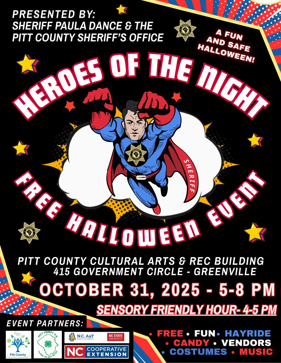 FREE &amp; SAFE Halloween event hosted by Sheriff Paula Dance &amp; the Pitt County Sheriff's Office. 4P-5P is SENSORY FRIENDLY with a quieter &amp; calmer environment for our families with special needs. Then, 5P-8P is the regular event, packed with FUN! This is always a SUPER time!