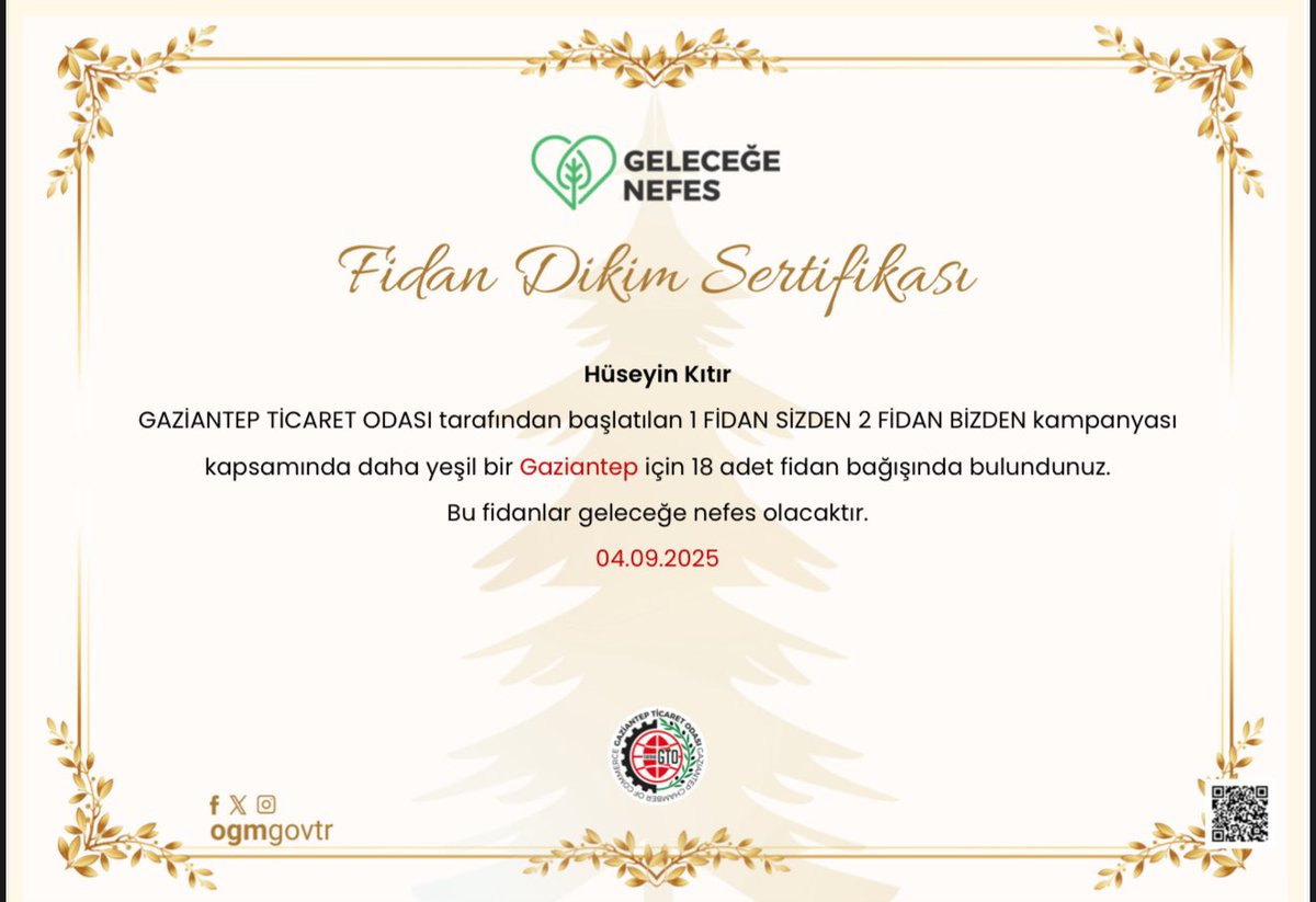 📣GTO olarak harekete geçiyor, bağışladığınız her 1⃣ fidan için biz 2⃣ fidanı daha toprakla buluşturuyoruz

Birlikte büyüttüğümüz ormanlar, yarınlarımızda bizlere nefes olacak

Sen de bağış yap, geleceğe nefes ol

Bağış için: gto.org.tr/tr/genel-sayfa
<a href="/GaziantepTO/">Gaziantep Ticaret Odası</a> <a href="/MTuncayYildirim/">Mehmet Tuncay Yıldırım🇹🇷</a>