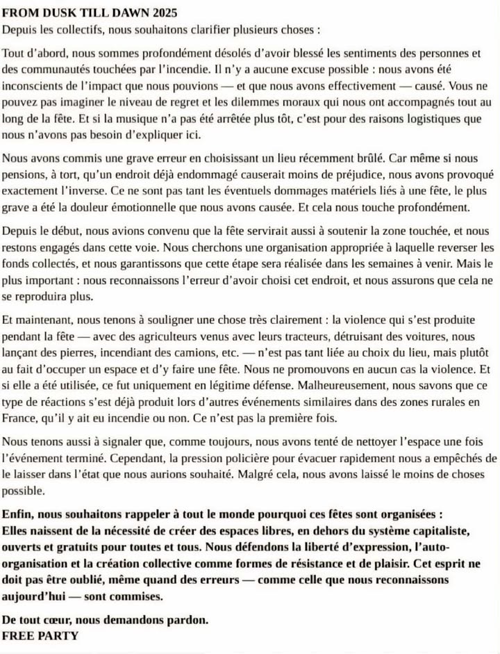 Communiqué des organisateurs de la free party From Dusk Till Dawn de ce week-end dans l'Aude.