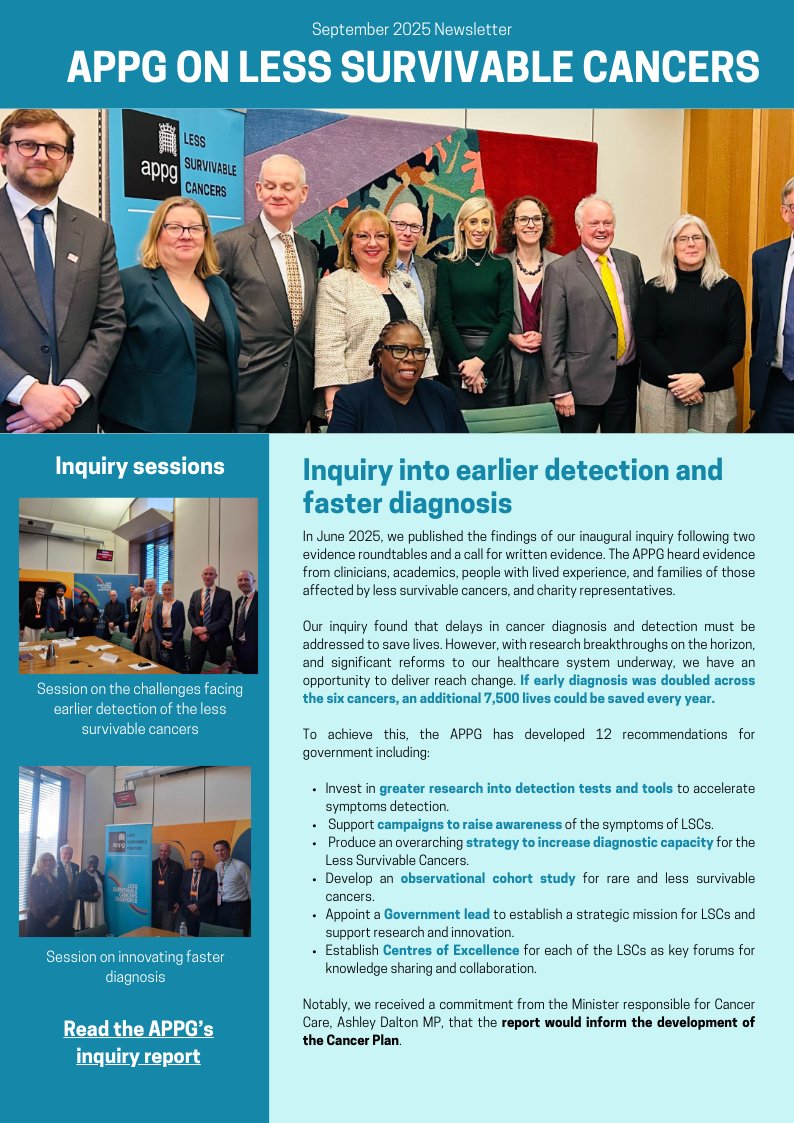LessSurvivable's tweet image. On behalf of the APPG on Less Survivable Cancers, please find below its latest newsletter. 📰Visit the APPG website for further information and updates.🔗➡️shorturl.at/xgdlH
