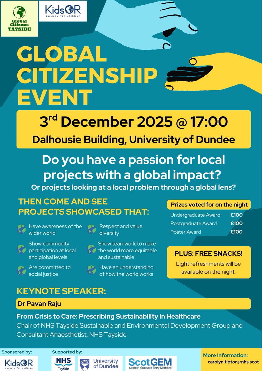 🌍✨ Join us for our fourth annual Global Citizenship Event!

📅 3rd Dec 2025 | 17:00

📍 Dalhousie Building, University of Dundee

Local projects with global impact 🌐

🎤 Keynote: Dr Pavan Raju – Sustainability in Healthcare

#GlobalCitizenship #Dundee #Sustainability