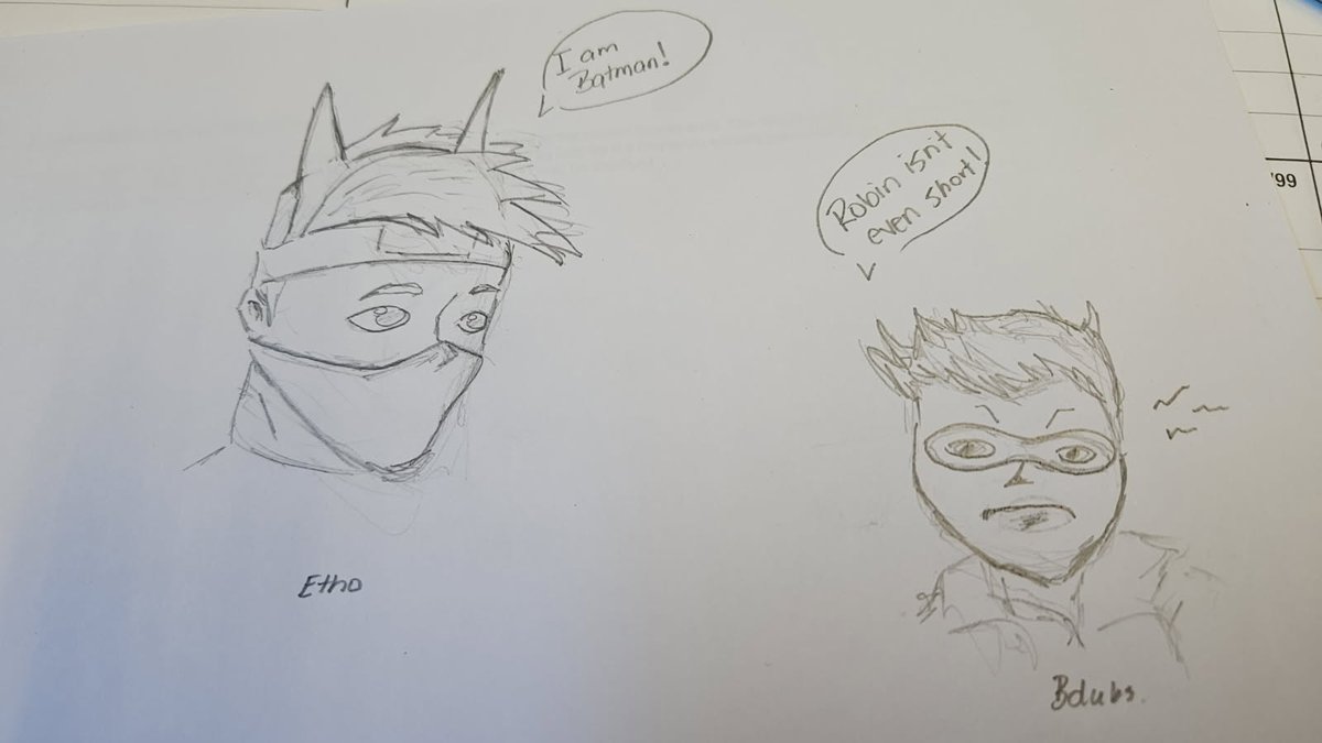 TopadoesMJ's tweet image. Asked my wife if Etho was batman does that make Bdubs Robin...and this is what she drew lol #hermitcraft #pastlifefanart