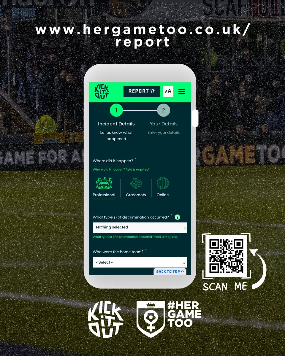 HerGameToo's tweet image. Discrimination and personal abuse has no place in football. It is crucial that we report it! ⚽✊

hergametoo.co.uk/report