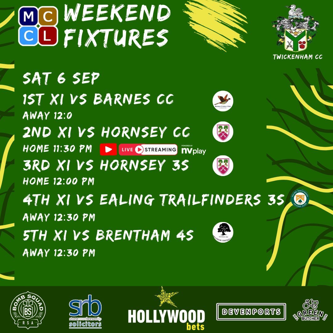 twickenhamcc's tweet image. Final Saturday of the league season 👊

🚌 1s @ Barnes (12:00)
🎥 2s v Hornsey (11:30, HOME &amp;amp; LIVE)
🏡 3s v Hornsey 3s (12:00)
🚌 4s @ Ealing Trailfinders
🚌 5s @ Brentham

One more round. Let’s go, Twickers 💚

#TCC #MCCL #FinalWeekend #UpTheTs