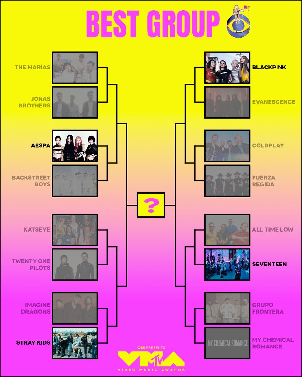 vmas's tweet photo. !!!! WE'RE DOWN TO 4️⃣ !!!!

➡️ @aespa_official  
➡️ @BLACKPINK  
➡️ @pledis_17  
➡️ @Stray_Kids   

Head over to @MTV's IG Story to decide which groups make it to the final round of #VMA Best Group! https://t.co/zye3AG5DAi
