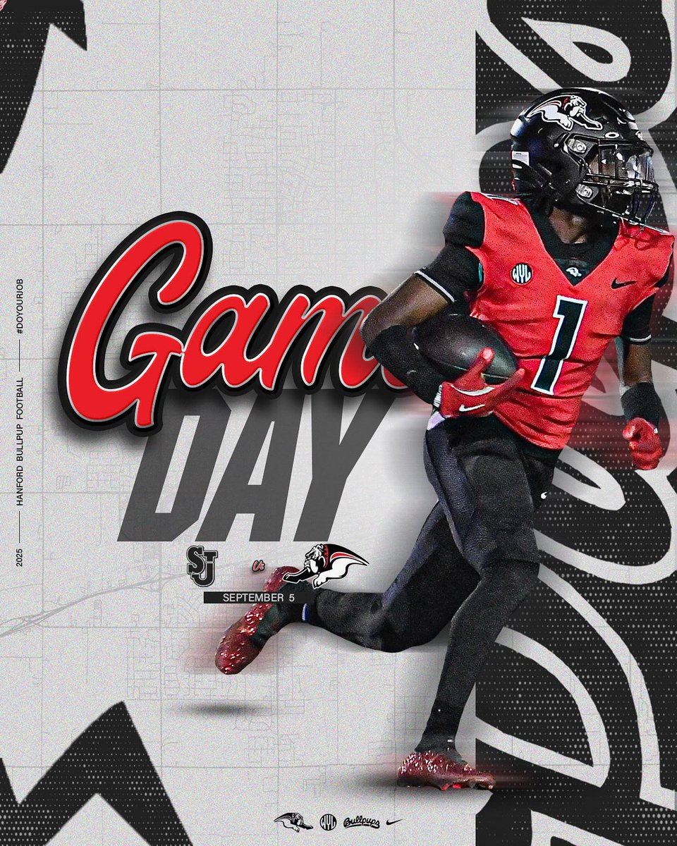 FootballHanford's tweet photo. 𝗜𝘁’𝘀 𝗚 𝗔 𝗠 𝗘  𝗗 𝗔 𝗬‼️

⚫️🔴⚫️

🆚 St. Joseph Knights
📍 Hanford, CA
🏟️ Neighbor Bowl 
⏰ 7:30pm

#DoYourJob🧰 | #PupSzn🐾 https://t.co/kILMG6myUQ