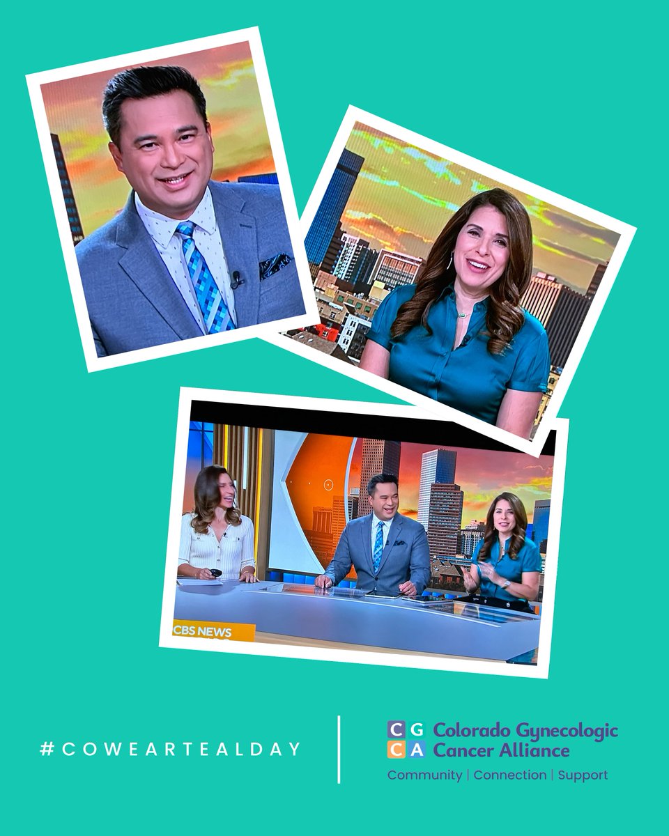 CGCAorg's tweet photo. Teal looks good on the @CBSNewsColorado morning team! Thank you @BrianFloresTV, @michelleCBS4, @justinadamsTV and @CallieZTV for wearing teal and raising awareness about #OvarianCancer on #COWearTealDay! 💙 #OvarianCancerAwarenessMonth https://t.co/oOBlUi4xIN