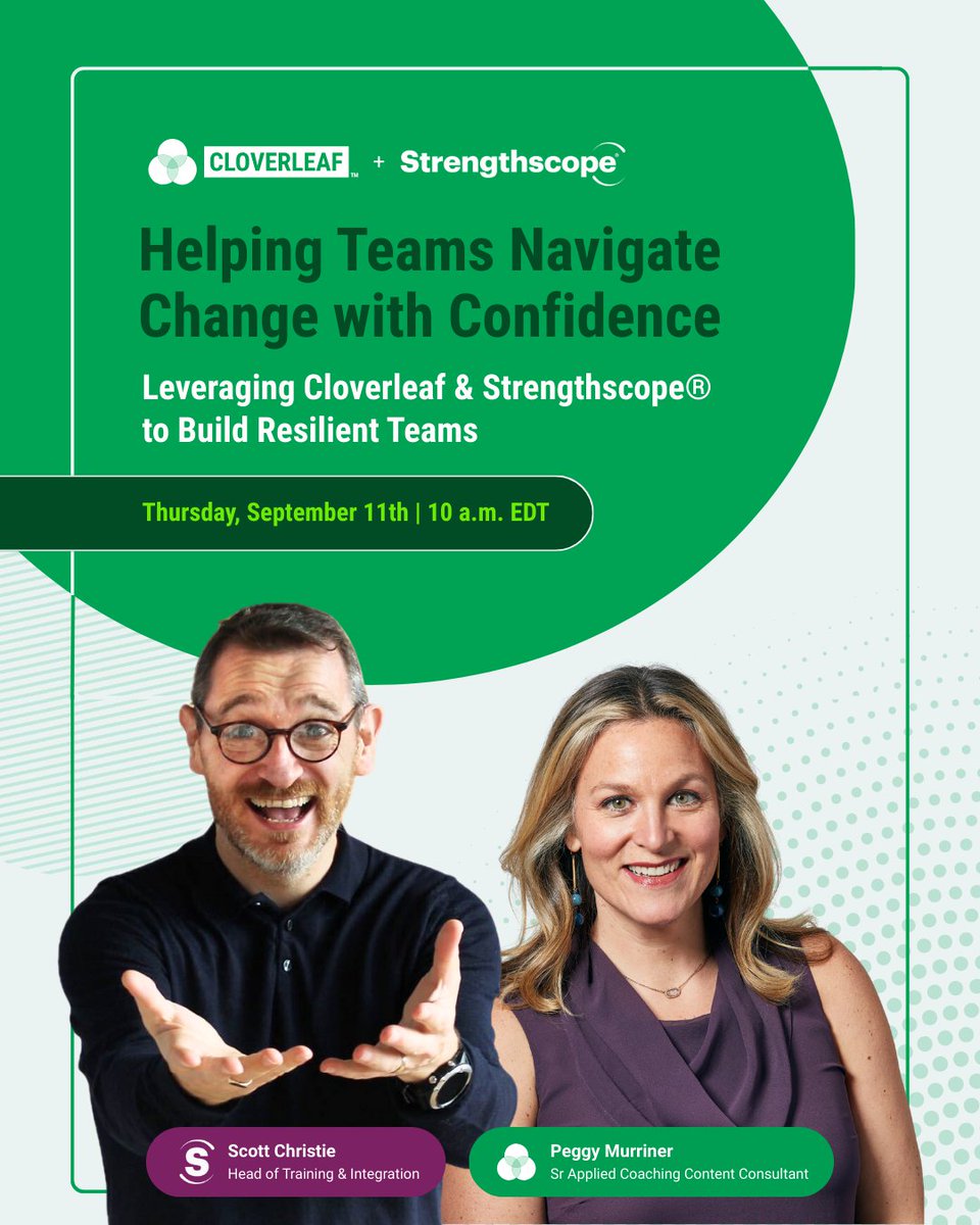 This session will show how Cloverleaf’s team coaching and Strengthscope’s strengths-based development give leaders and teams the insight and tools to:

Register Here: cloverleaf-me.zoom.us/webinar/regist…