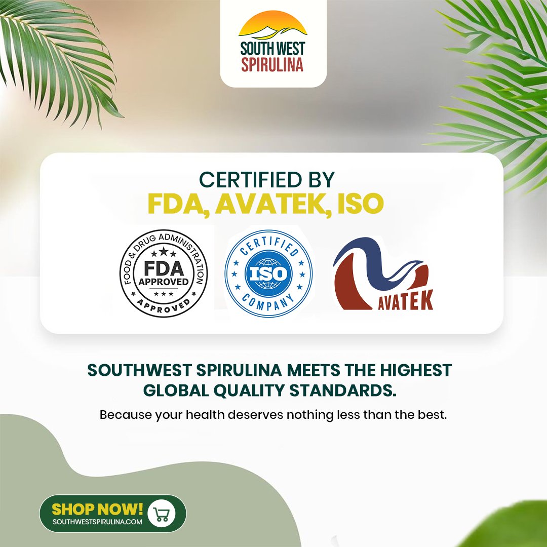 swspirulina's tweet photo. Boost your health with South West Spirulina, proudly certified by FDA, ISO, and AVATEK to meet the highest global quality standards. 🌿✨
Because your health deserves nothing less than the best. 💚
👉 Shop now at https://t.co/tMw6ehiJj4 https://t.co/8Y1TcEG4Pq