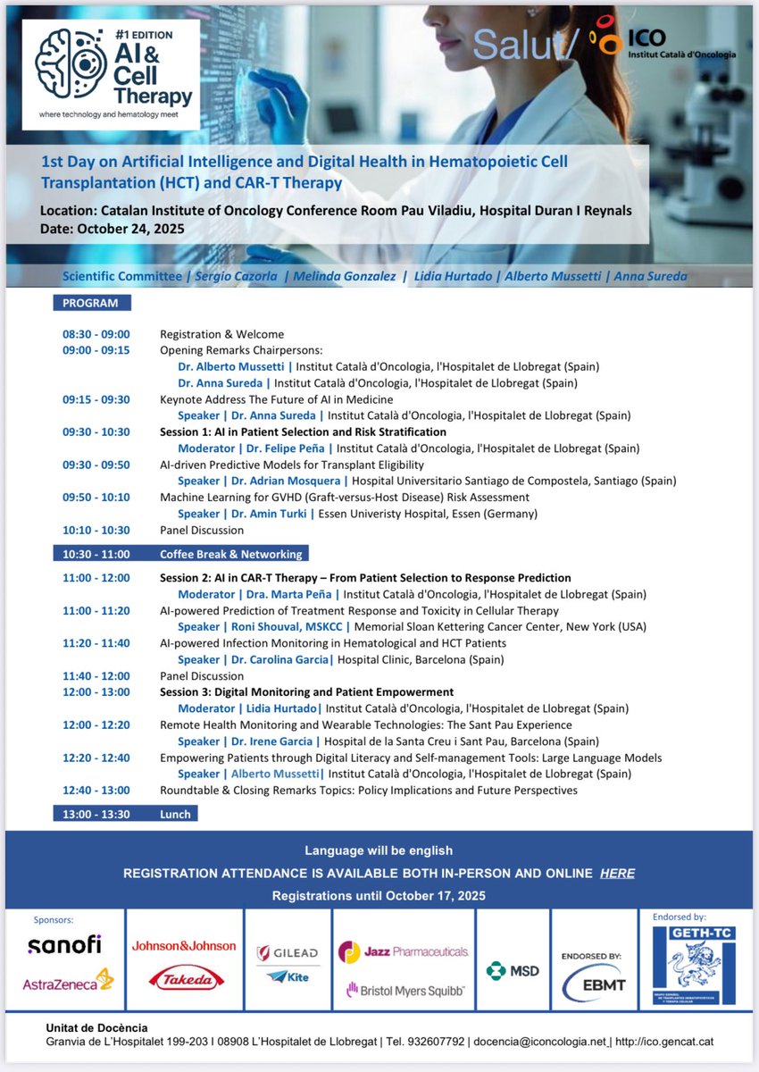 Hematologia ICO Hospitalet (@hematico_hosp) on Twitter photo Are you ready to join us?
1st #ICOnic Artificial Intelligence in #HSCT #CARTcell
<a href="/GETH_info/">GETH</a> <a href="/sehh_es/">@sehh_es</a> <a href="/SEHHJoven/">SEHH Joven</a> <a href="/TheEBMT/">The EBMT</a> <a href="/TheEBMT_Trainee/">The EBMT Trainee Committee</a>
<a href="/AnnaSureda5/">Anna Sureda</a> <a href="/martape28/">Marta Peña</a> <a href="/HematoRules/">Felipe Peña Muñoz</a> <a href="/c_garciavidal/">Carol Garcia-Vidal</a> <a href="/MosqueraOrgeira/">Adrián Mosquera Orgueira</a>
Register for free!
⬇️⬇️⬇️⬇️⬇️⬇️⬇️⬇️
e-oncologia.org/cursos/1st-day… Are you ready to join us?
1st #ICOnic Artificial Intelligence in #HSCT #CARTcell
<a href="/GETH_info/">GETH</a> <a href="/sehh_es/">@sehh_es</a> <a href="/SEHHJoven/">SEHH Joven</a> <a href="/TheEBMT/">The EBMT</a> <a href="/TheEBMT_Trainee/">The EBMT Trainee Committee</a>
<a href="/AnnaSureda5/">Anna Sureda</a> <a href="/martape28/">Marta Peña</a> <a href="/HematoRules/">Felipe Peña Muñoz</a> <a href="/c_garciavidal/">Carol Garcia-Vidal</a> <a href="/MosqueraOrgeira/">Adrián Mosquera Orgueira</a>
Register for free!
⬇️⬇️⬇️⬇️⬇️⬇️⬇️⬇️
e-oncologia.org/cursos/1st-day…