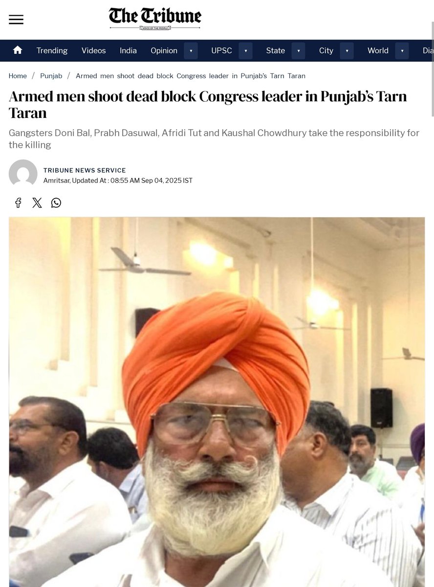 SSinglaINC's tweet photo. Shocked & outraged by the brutal murder of Congress block leader and Sarpanch Gurmail Singh from Patti. The @AAPPunjab government’s failure to maintain law & order has emboldened gangsters. #Accountability #FailedAAP #PunjabStandsWithItsPeople https://t.co/jit69Lh3NB