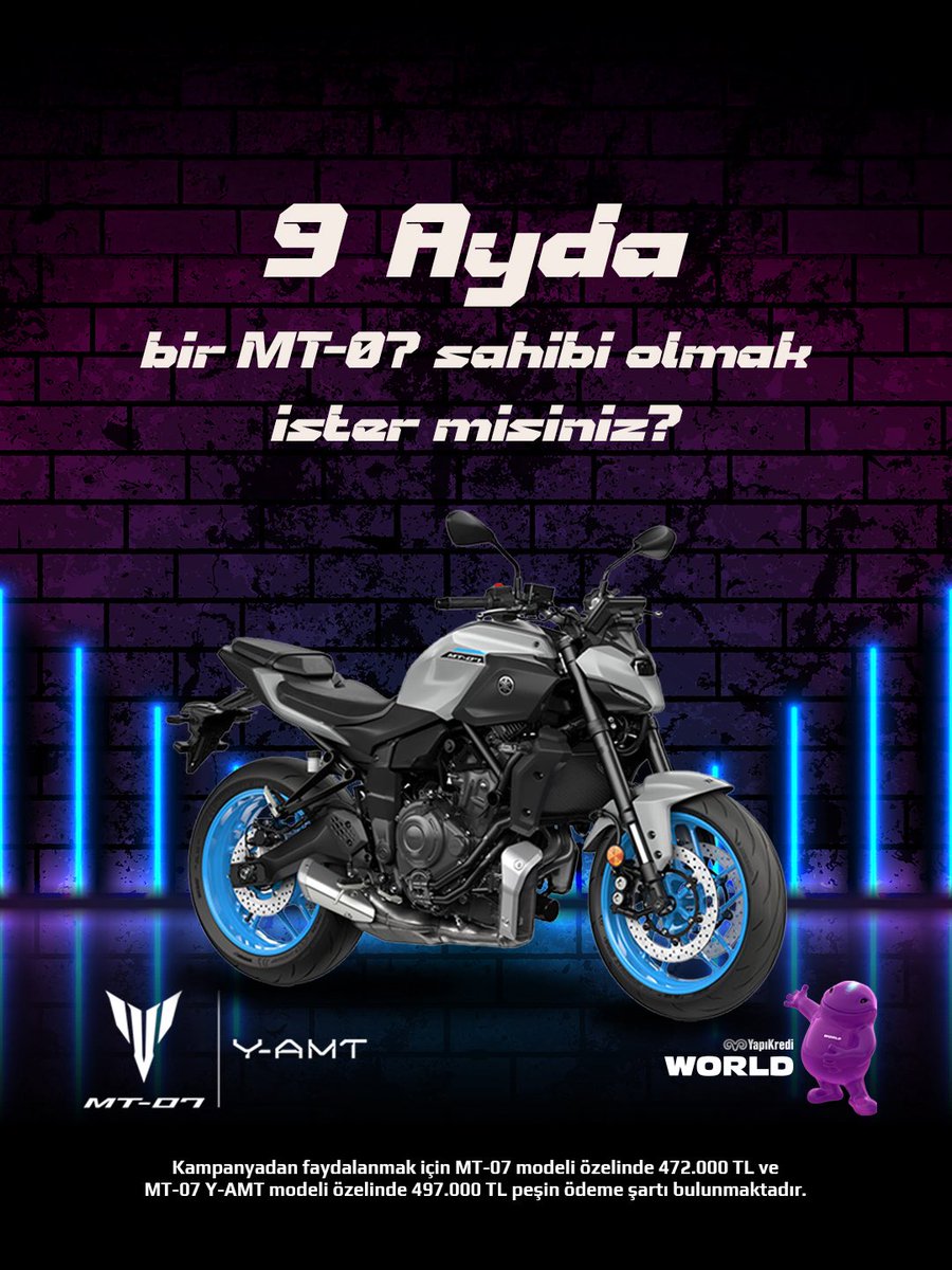 Vade farksız 9 ay taksitle yepyeni bir MT-07 ya da yepyeni bir MT-09’a ne dersin? 😎

Dark Side of Japan yaklaşımını en üst seviyeye yükseltmeye hazır ol!

MT-07,  MT-07 Y-AMT, MT-09 ve MT-09 Y-AMT modelleri ile gerçek sürüş deneyimine erişmek için seni en yakın Yamaha bayisine