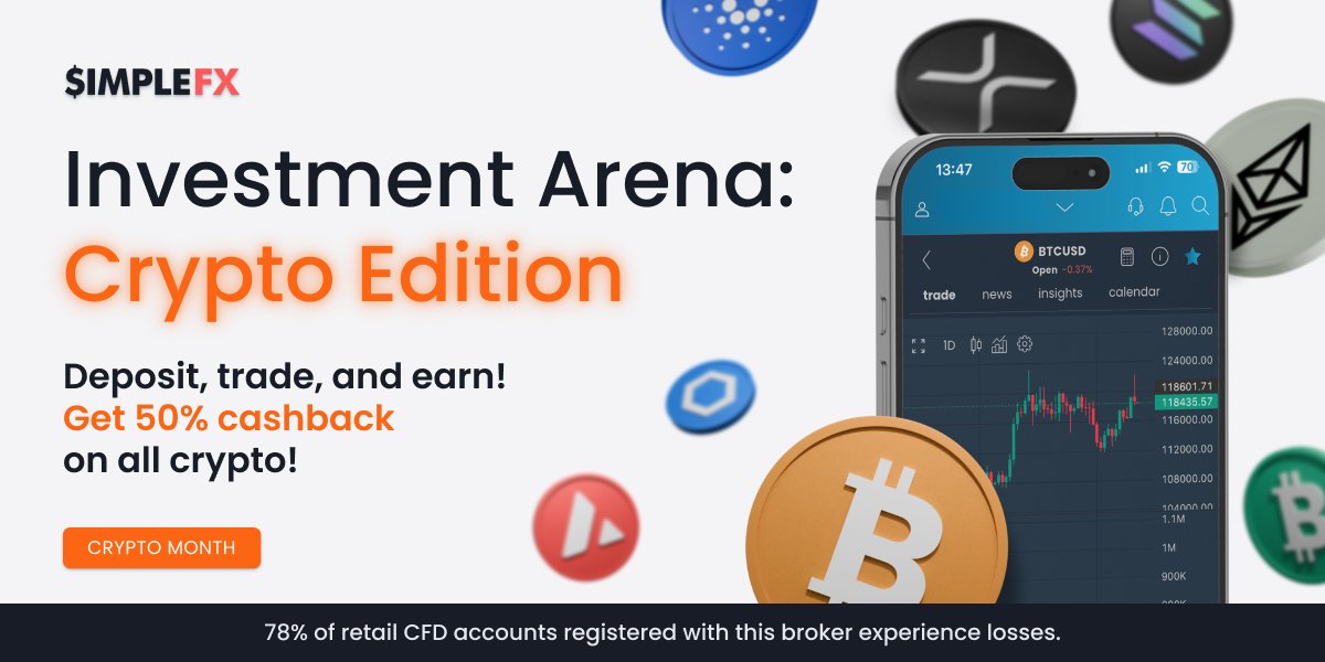SimpleFXaff's tweet photo. From August 20 to September 20, 2025, enjoy 50% cashback on over 40 crypto pairs – including BTCUSD, ETHUSD, SOLUSD, XRPUSD, and more.  

🪙  https://t.co/ytUIv8liuM