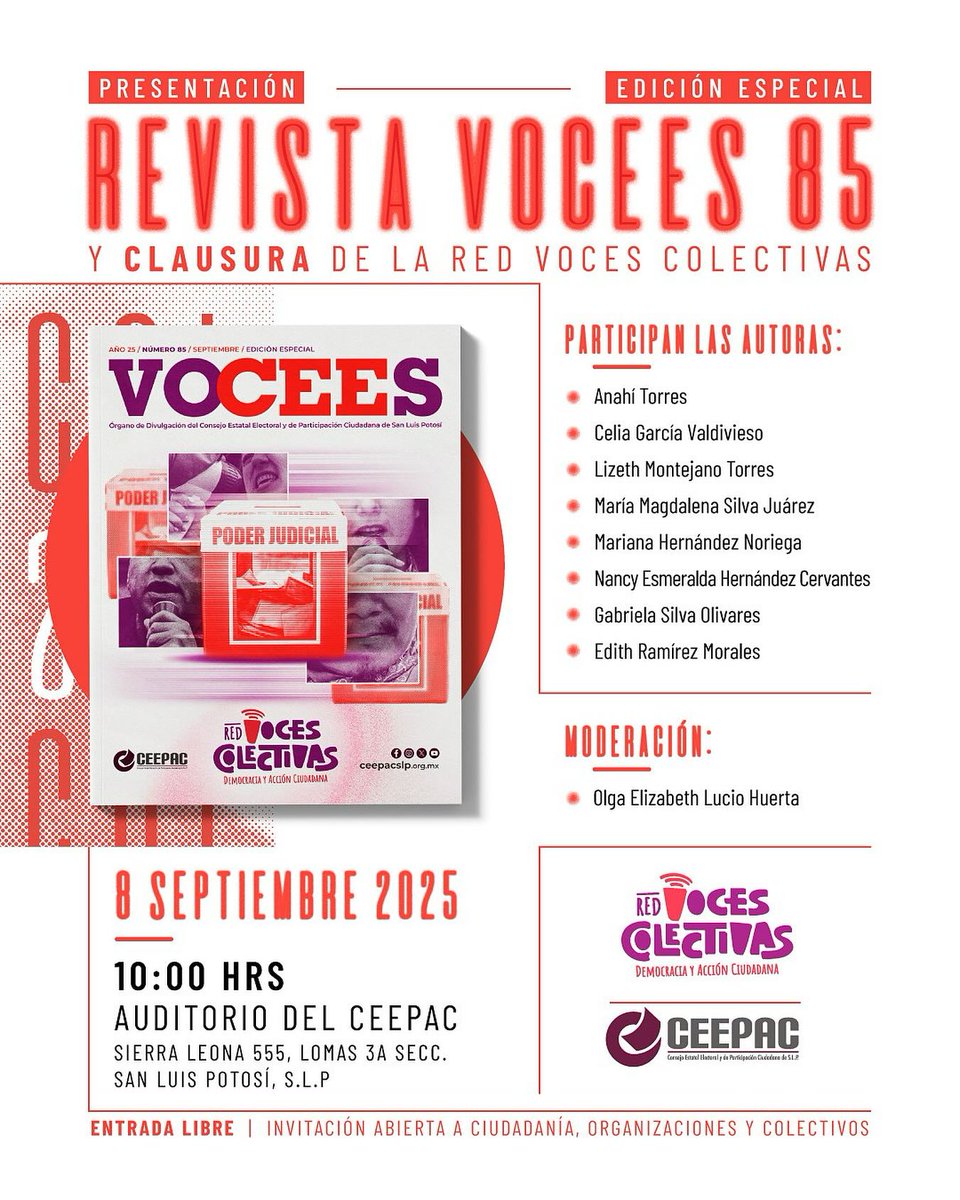 ✨ ¡Acompáñanos! Presentación de la edición especial de la Revista VOCEES 85 📖 “Igualdad Política y Divergencia” y clausura de la Red Voces Colectivas 🙌

🗓 Lunes 8 de septiembre
🕙 10:00 a.m.
📍 CEEPAC, Sierra Leona 555
#DemocraciaLocal #VOCEES85