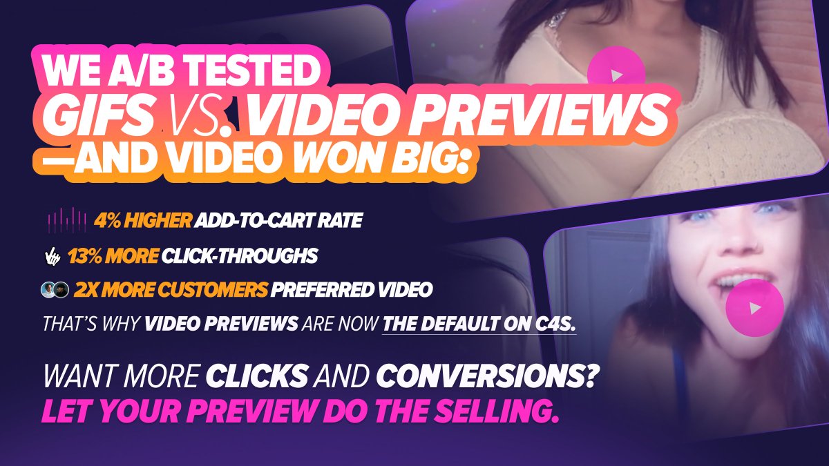 Samantha (@c4s_samantha) on Twitter photo Results are in...
<a href="/clips4sale/">Clips4Sale.com</a> tested whether GIFs or video previews are better... And the winner is clip previews!
Read all about it here: clips4sale.com/blog/clip-prev… Results are in...
<a href="/clips4sale/">Clips4Sale.com</a> tested whether GIFs or video previews are better... And the winner is clip previews!
Read all about it here: clips4sale.com/blog/clip-prev…