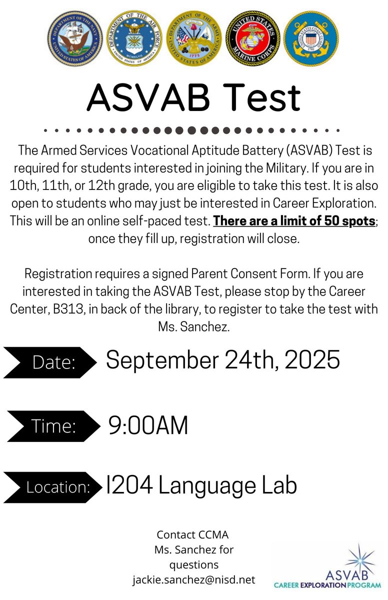 Husky Career Center (@career_holmes) on Twitter photo Calling 10th, 11th, and 12th graders! If you are interested in taking the ASVAB Test, please stop by the Career Center, in the library, and pick up a Parent Consent Form to register for the test! <a href="/NISDHolmes/">NISD Holmes</a> <a href="/nisd_nsite/">nisd_nsite</a> <a href="/HolmesCounselor/">Holmes/NSITE_Counseling</a> <a href="/AvidHolmes/">HolmesAVID</a> Calling 10th, 11th, and 12th graders! If you are interested in taking the ASVAB Test, please stop by the Career Center, in the library, and pick up a Parent Consent Form to register for the test! <a href="/NISDHolmes/">NISD Holmes</a> <a href="/nisd_nsite/">nisd_nsite</a> <a href="/HolmesCounselor/">Holmes/NSITE_Counseling</a> <a href="/AvidHolmes/">HolmesAVID</a>