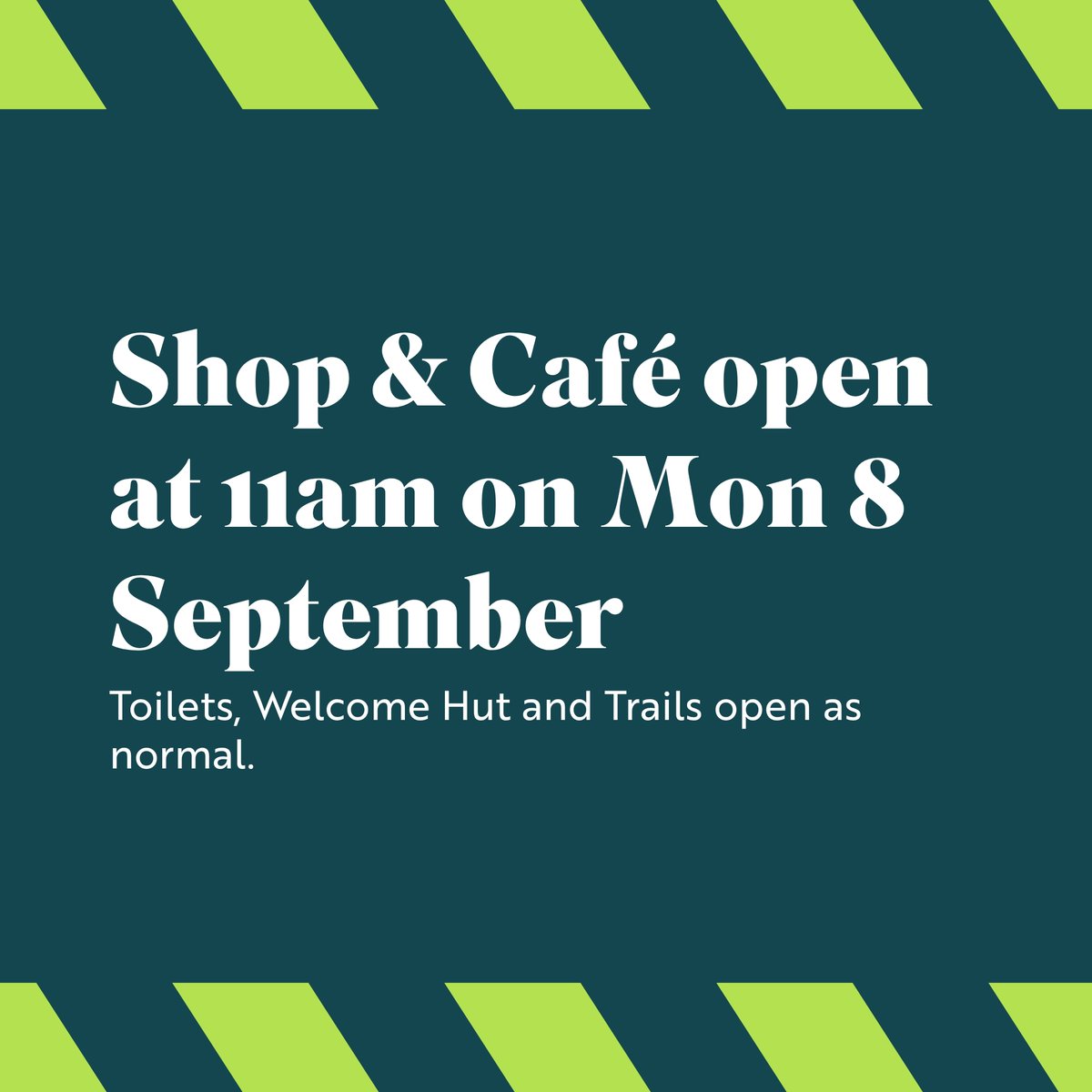 Due to staff training, shop and café open t 11am on Monday 8th September. Toilets and trails open as normal. Apologies for the inconvenience.