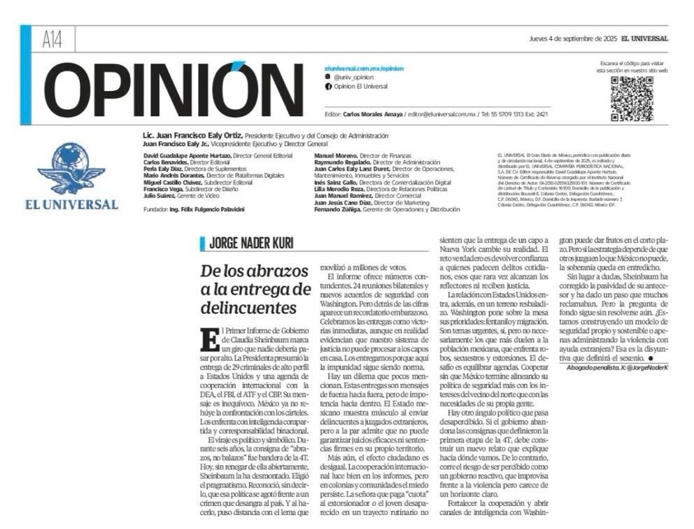 “De los abrazos a la entrega de delincuentes”, autoría de Jorge Nader Kuri ( ⁦<a href="/JorgeNaderK/">Jorge Nader Kuri</a>⁩ ), Miembro de la Academia Mexicana de Ciencias Penales: