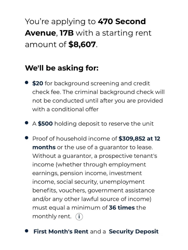 <a href="/Hurriyet/">Hürriyet.com.tr</a> <a href="/ismailsari_/">İsmail SARI</a> NewYork'ta 3+1 dairenin kiralanmasinda istenen belgeler
- Aylik kira $8607
- $20 kredi notu ve adli sicil kaydi icin (Adiniza alan sirkete odeme icin)
- $500 kiralamak icin rezervasyon bedeli
- $309.852 yillik gelirinizi belgeleyen bordro (kira*36) 
- Ilk ayin kirasi ve depozito