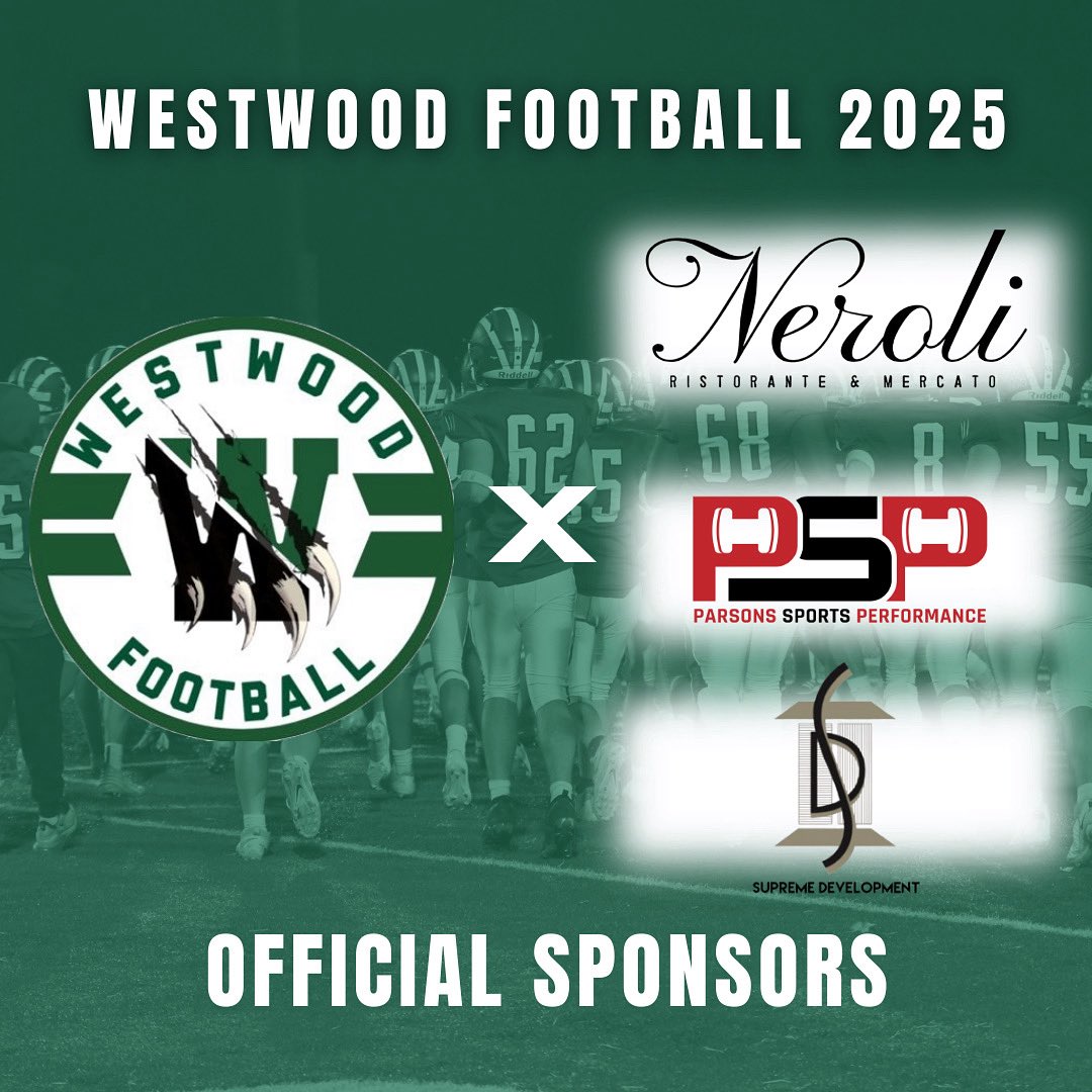 Westwood Football announces our 3 sponsors for the 2025 season. For the 2nd year in a row, these businesses are making the success of the Westwood Football program possible. 

Thank you Neroli, Parsons Sports Performance, and Supreme Development!
