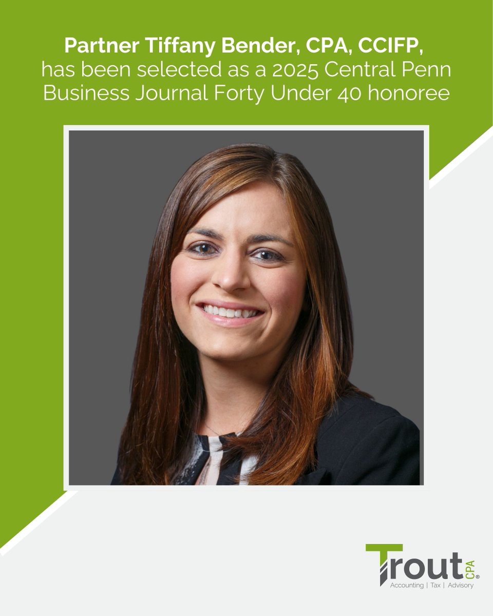 We are proud to announce that our Partner Tiffany Bender, CPA, CCIFP, has been selected as a 2025 Central Penn Business Journal Forty Under 40 honoree. Congratulations Tiffany!

Learn more at bit.ly/462SDyV

#CPBJEvents #Awards #CentralPA #PublicAccounting