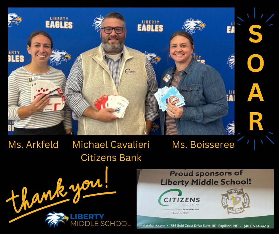 Thank you to Michael Cavalieri and Citizens Bank for their generous donation of gift cards to our LMS SOAR Store. These items are used as incentives and rewards for students who are recognized for meeting our SOAR expectations. We are grateful for our partnership with Citizens!