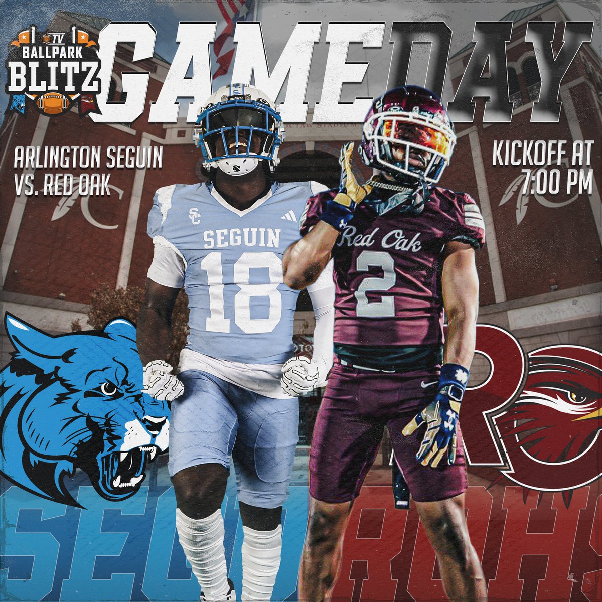 Antler Sports Network (@antler_sn) on Twitter photo For the first time this season, we're heading to <a href="/choctawstadium/">Choctaw Stadium</a>!
๐ผ<a href="/SeguinCougarFB/">Seguin Cougar Football ๐๐พ</a> ๐ ๐ฆ
<a href="/rohawksfootball/">Red Oak Hawks Football</a>
โฐPregame at 6:30 PM - Kickoff at 7 PM
๐บantlersn.tv and ASN Roku App
<a href="/GMsportsmedia1/">GM Sports Media</a> <a href="/SportsDayHS/">SportsDayHS</a> <a href="/JuanSeguinHS/">Juan Seguin HS</a> <a href="/rohighschool/">Red Oak High School</a> <a href="/AISD_ATH/">Arlington ISD Athletics</a> <a href="/ArlingtonISD/">Arlington ISD</a> For the first time this season, we're heading to <a href="/choctawstadium/">Choctaw Stadium</a>!
๐ผ<a href="/SeguinCougarFB/">Seguin Cougar Football ๐๐พ</a> ๐ ๐ฆ
<a href="/rohawksfootball/">Red Oak Hawks Football</a>
โฐPregame at 6:30 PM - Kickoff at 7 PM
๐บantlersn.tv and ASN Roku App
<a href="/GMsportsmedia1/">GM Sports Media</a> <a href="/SportsDayHS/">SportsDayHS</a> <a href="/JuanSeguinHS/">Juan Seguin HS</a> <a href="/rohighschool/">Red Oak High School</a> <a href="/AISD_ATH/">Arlington ISD Athletics</a> <a href="/ArlingtonISD/">Arlington ISD</a>