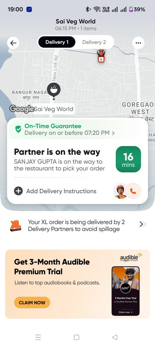 niravdevpura's tweet photo. TIL that Swiggy splits a large order into multiple orders. Interesting - choosing lower margin (splitting incurs higher delivery expense) for a slight benefit of the delivery executives https://t.co/Hv3EL0w2Up