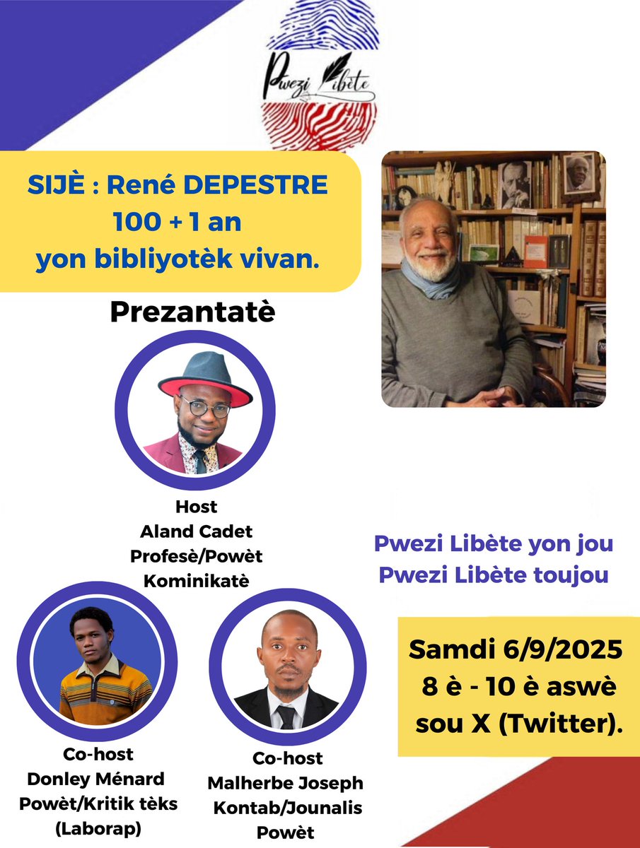 René DEPESTRE, se yon mapou ki pa nenpòt mapou nan mond literè ak powetik la, non sèlman pou laj li men tou pou pakou l ak kontribisyon l nan domèn sa yo, melanje ak anpil lòt gwo eksplwa, se poutèt sa samdi sa k ap 6 septanm 2025, 8 è nan aswè sou X, PL pral pale sou Mapou sa a.