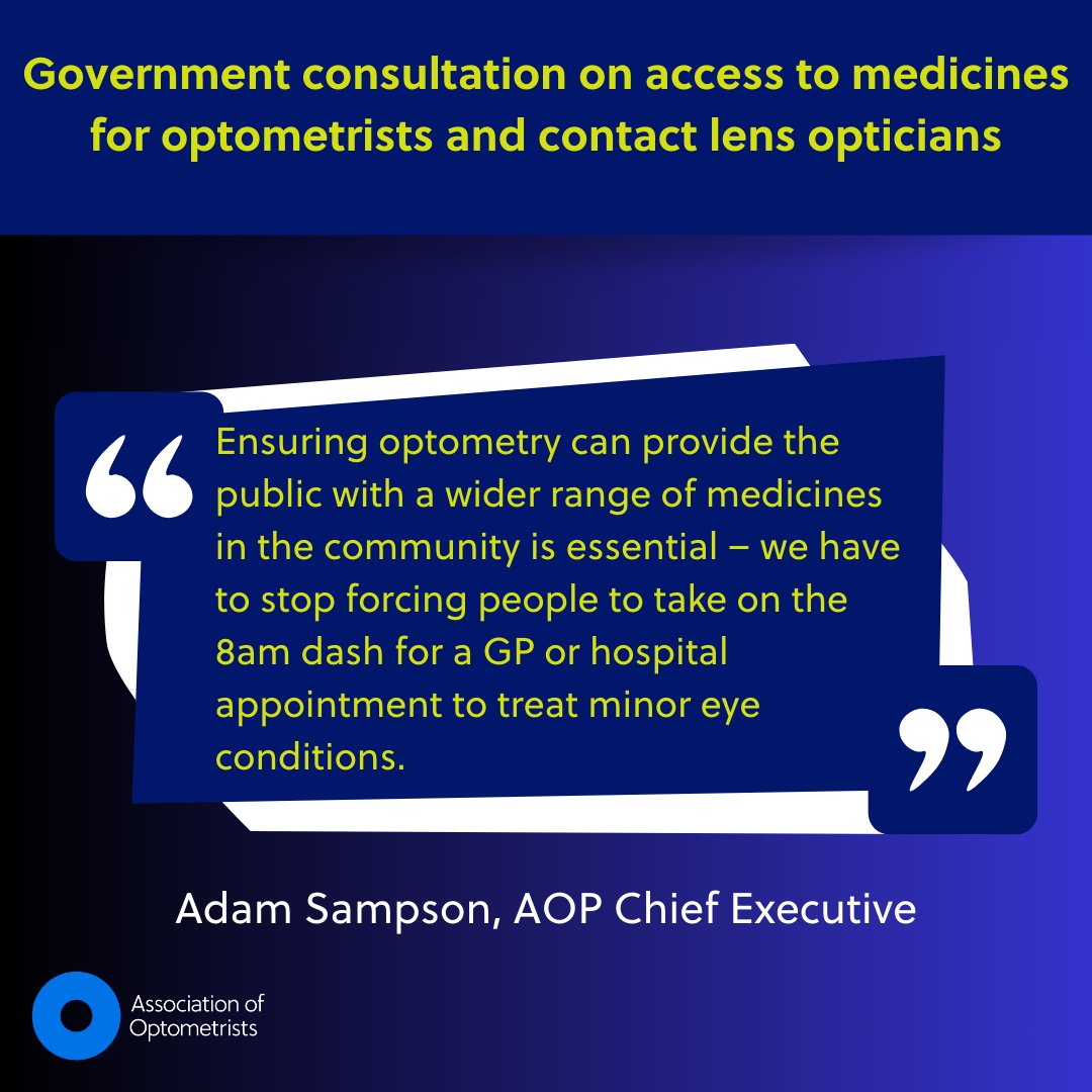 The_AOP's tweet image. We welcome the Government's consultation aimed at expanding access to medicines for all optometrists and contact lens opticians. 

Under the new proposals, the sector would be able to provide a wider range of medications to treat minor eye conditions.

ow.ly/rwnO50WRiQC