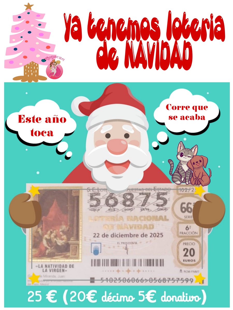 ‼️𝗬𝗔 𝗟𝗢𝗦 𝗧𝗘𝗡𝗘𝗠𝗢𝗦‼️
Vuelven los de 𝗱é𝗰𝗶𝗺𝗼𝘀 𝘀𝗼𝗹𝗶𝗱𝗮𝗿𝗶𝗼𝘀 𝗱𝗲 𝗹𝗮 𝗟𝗼𝘁𝗲𝗿í𝗮 𝗱𝗲 𝗡𝗮𝘃𝗶𝗱𝗮𝗱 con el número de 𝗠𝗘𝗚𝗔𝗖𝗔𝗡 🥳🎉
➡️ DONATIVO: 25 € 
Envíanos un MP por nuestras redes o escríbenos al correo de la asociación: contacto@megacan.org