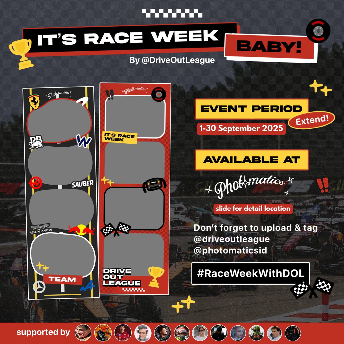 sebsVettel_'s tweet photo. Race week back again, baby! Drive Out League 🏎️🏁
🗓️ Event starts 1–30 September 2025
📍 Photomatics (Slide for Location)
Follow & Tag us @driveoutleague @photomaticsid @hiupedia
and use #RaceWeekWithDOL 🚦✨ https://t.co/rP4kcuXeSK