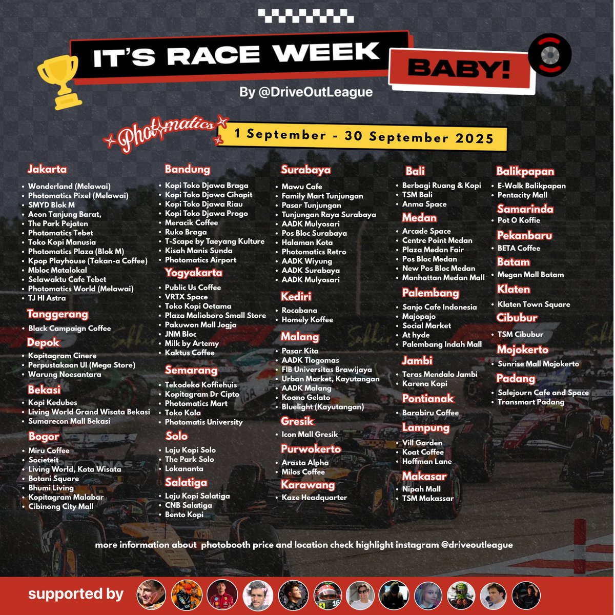 sebsVettel_'s tweet photo. Race week back again, baby! Drive Out League 🏎️🏁
🗓️ Event starts 1–30 September 2025
📍 Photomatics (Slide for Location)
Follow & Tag us @driveoutleague @photomaticsid @hiupedia
and use #RaceWeekWithDOL 🚦✨ https://t.co/rP4kcuXeSK