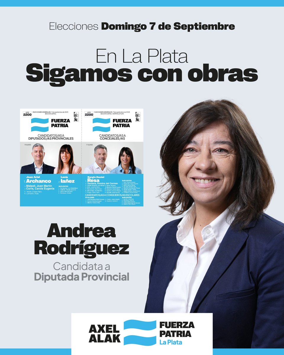Andrearf21's tweet photo. Este 7 de septiembre, tu voto es fundamental para seguir con más obras y defender nuestros derechos. ¡Vota #Lista2200 #Elecciones #Voto #LaPlata
#SigamosConObras
@Kicillofok
@Julio_Alak
@ArielArchanco
@luciaianez_
@juanmalpeli
#SergioResa
#RominaSantana
@RecavarrenO https://t.co/xUZaHiDbI2