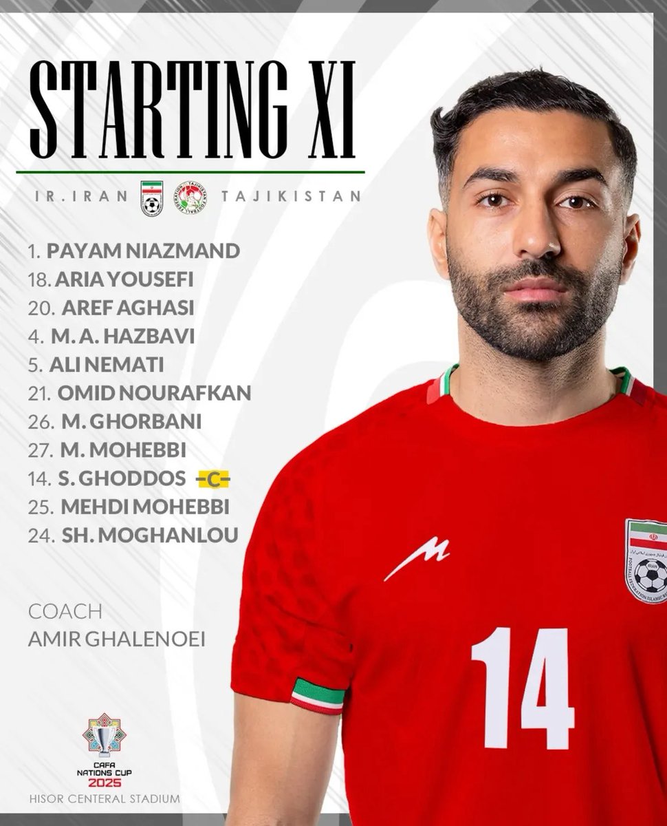 TeamMelli_EN's tweet photo. LINEUP!!

#Iran #Tajikistan #CAFA #CAFANationsCup2025 https://t.co/KWgsvfItNt